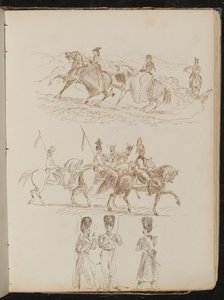Studie von zwei Frauen und einem Mann in hügeliger Landschaft, Soldaten zu Pferd, drei Wachen im Gespräch