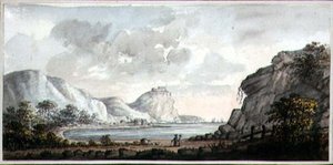 Landschaft mit zwei Figuren, die auf eine Bucht blicken, um 1825