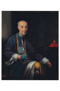 Porträt von Houqua, dreiviertel Länge, sitzend, in einem Interieur von Lam Qua (attr. to)