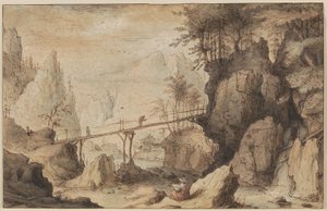 Zeichner auf einem Stein vor einer Brücke