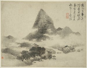 Landschaft im Stil der alten Meister: nach Gao Shangshu, folgend Dong Yuan (aktiv 937-975) und Ju Ran, und später im Stil von Mi Fu (1051-1107) von Lan Ying
