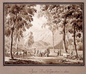 Frühstück der Kaiserin Josephine de Beauharnais in Cervos im Jahr 1810. Zeichnung von Theodore Turpin De Crisse