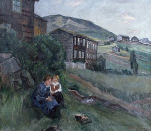 Aus Gudbrandsdalen, Frau und Kind in der Landschaft