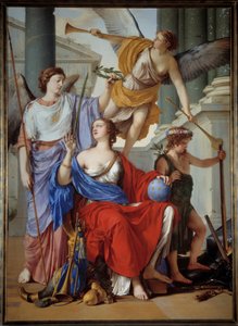 Allegorie der Regentschaft von Anna von Österreich (1601-1666). Die Regentin ist umgeben von einer Allegorie des Ruhms und des Friedens. Der Kontext ist der Dreißigjährige Krieg, Frankreich empfängt den Frieden vom Sieg, Allegorie des Westfälischen Frieden