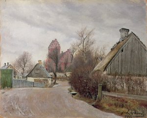 Straße in Hoje Taastrup (Landstraße mit Hütten und einer hohen Kirche) 1911 von Laurits Andersen Ring