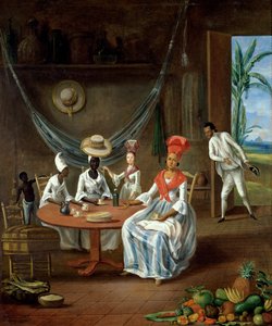 Eine Mulattin mit ihrer weißen Tochter, besucht von schwarzen Frauen in ihrem Haus in Martinique, 1775