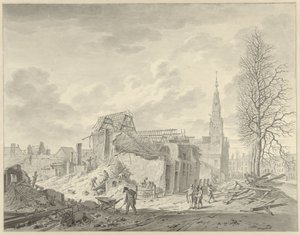 Ansicht des Rapenburg in Leiden nach der Pulverexplosion vom 12. Januar 1807 von Leendert Overbeek