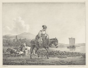 Frau auf Esel in Landschaft