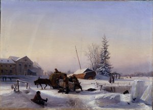 Eistransport. Winteransicht des ehemaligen Weindorfes auf der Wassiljewski-Insel in St. Petersburg von Lef Feliksovich Lagorio
