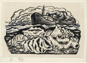 Dampfschiff auf See mit Muscheln am Strand von Leo Gestel (signed by artist)