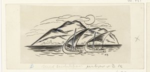 Zwei Segelschiffe vor einer Insel mit Bergen von Leo Gestel (signed by artist)