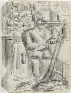 Jäger sitzend an einem Cafétisch, in schwarzer Kreide