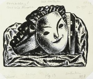 Zwei Masken vor Gebäude und Felsen (Skizze)