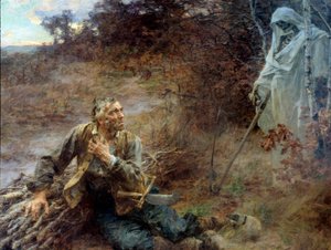 Der Tod und der Holzfäller. Illustration für die Fabel von Jean de La Fontaine (1621-1695). Gemälde von Leon Augustin Lhermitte (1844-1925) 1893, 2.06 x 2.42 m. Château-Thierry, Musée La Fontaine