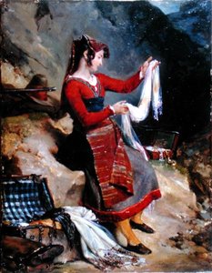 Die Frau eines Banditen untersucht seine Beute von Léon Cogniet