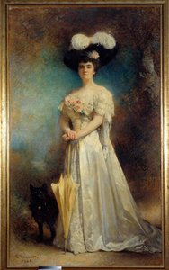 Ganzkörperporträt von Madame Maurice Pascal und ihrem Hund Tiny. Gemälde von Leon Joseph Bonnat (1833-1922) 1905. Pau, Musée des Beaux Arts von Leon Joseph Florentin Bonnat