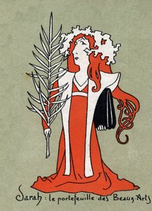 Karikatur von Henriette Rosine Bernard, genannt Sarah Bernhardt, als Portfolio der Schönen Künste - Illustration von Leon Lebegue - Gravur in „Le sun-du-dimanche“
