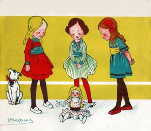 Mädchen spielen mit Puppen (Illustration, ca. 1910)