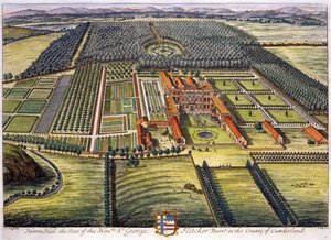 Hutton Hall in der Grafschaft Cumberland, graviert von Johannes Kip von Leonard Knyff
