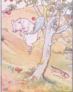 Sind das schöne Äpfel? Ja, sehr schön, sagte das kleine Schwein, ich werde dir einen herunterwerfen von Leonard Leslie Brooke
