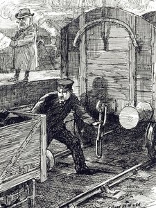 Eine Karikatur, die die Unfälle von Eisenbahnarbeitern kommentiert. Illustriert von Leonard Raven-Hill (1867-1942), einem englischen Künstler, Illustrator und Karikaturisten, 20. Jahrhundert