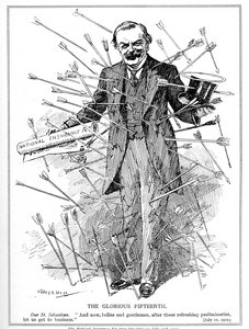 Lloyd George, dargestellt als Märtyrer, St. Sebastian, unter Beschuss für sein National Insurance Act, das am 15. Juli 1912 in Kraft trat