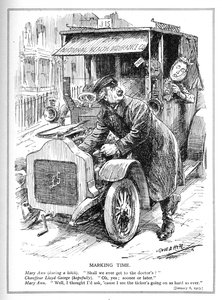 Lloyd George wird aufgehalten, einen Patienten zum Arzt zu bringen, nach seinem National Health Insurance Act, 1913 von Leonard Raven Hill