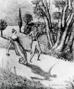 Peter, der furchterregende schattenlose Mann, Illustration für Peter Schlemihls wundersame Geschichte, Novelle von Adalbert von Chamisso, Lithographie nach einem Gemälde von Leonardo Borgese, veröffentlicht von Modiano von Leonardo Borgese