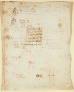 Grobe Skizzen eines sitzenden Mannes im Profil; Multiplikationstabelle; fragmentarische Skizzen von quadratischen Säulen, Wänden, der Vorder- und Rückseite einer Münze, aus 