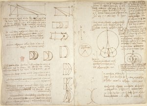 Zeichnungen über mechanische Kräfte, Schwerkraft, Bewegung, Optik und Astronomie, mit verschiedenen arithmetischen und geometrischen Propositionen von Leonardo da Vinci