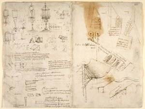 Skizzen von Scharnierlampen; Notizen zur Mechanik; mathematische Berechnungen; geometrische Skizzen