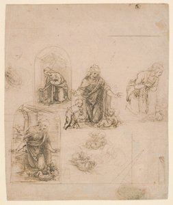 Kompositionsskizzen für die Jungfrau, die das Christkind anbetet, mit und ohne den kleinen Johannes den Täufer; Diagramm einer perspektivischen Projektion (recto); Leichte Kritzeleien (verso) von Leonardo da Vinci