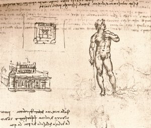 Zeichnung von Plänen für ein Schloss und einer nackten Figur, gewaschen mit indischer Tinte, ca. 1472-1519 von Leonardo da Vinci