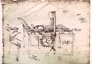 Auszug aus einem Da Vinci Manuskript über die Konstruktion einer hydraulischen Säge mit automatischem Vorschub von Leonardo da Vinci