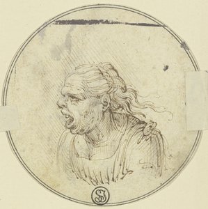 Karikatur einer Frau mit offenem Mund, Brustbild, im Profil nach links von Leonardo da Vinci