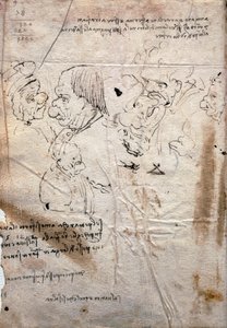 Männliche Karikaturen und Bibliotheksliste, Codex Trivulzianus von Leonardo da Vinci
