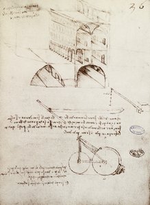 Manuskript B, f 36 r Architektonische Studien, Entwicklung und Schnitte von Gebäuden in einer Stadt mit erhöhten Straßen von Leonardo da Vinci