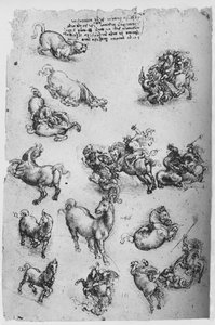 Blatt mit Studien von Pferden, einer Katze und von St. Georg und dem Drachen, ca. 1480, 1945