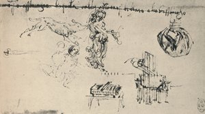 Blatt mit Studien einer jungen Frau, eines Wolfs usw., um 1480, 1945