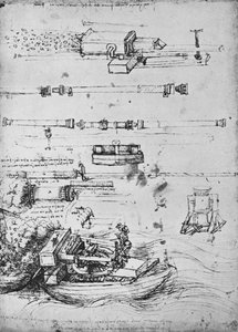 Studien von Mörsern, einer, der von einem Boot aus feuert, und von Kanonen, ca. 1480, 1945 von Leonardo da Vinci