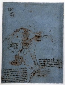Studie über die Nutzung der Wasserkraft in hydraulischen Maschinen (Noria) von Leonardo da Vinci. Zeichnung mit Feder und Tinte.