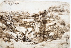 Die erste bekannte Zeichnung von Leonardo da Vinci (1452-1519), „Landschaft von Santa Maria della Neve“: die Landschaft des Arnotals, nahe Florenz