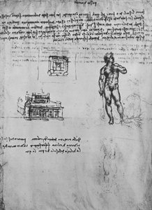 Zwei Studien einer nackten Figur und die Ansicht und der Plan eines Gebäudes, ca. 1480, 1945