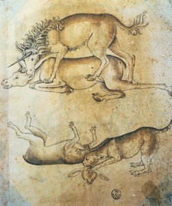 Einhorn greift eine Kuh an und Leopard greift ein Schaf an, Tierstudie, von Leonardo da Vinci
