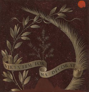 Kranz aus Lorbeer, Palme und Wacholder mit einer Schriftrolle beschriftet Virtutem Forma Decorat [Rückseite], ca. 147 von Leonardo da Vinci