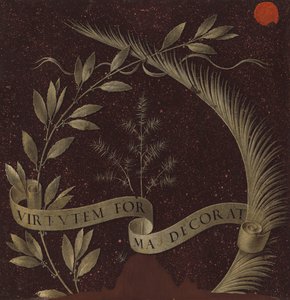 Kranz aus Lorbeer, Palme und Wacholder mit einer Schriftrolle, die Virtutem Forum Decorat (Rückseite) trägt von Leonardo da Vinci