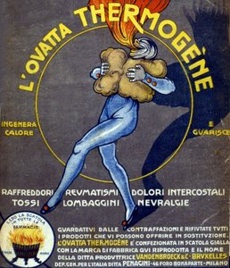 Werbung für thermogene Baumwolle zur Heilung von Erkältungen, inneren Schmerzen, Rheuma, Husten, Neuralgie und Hexenschuss. Zeichnung von L. Cappiello (1875 - 1942) Italien, 20. Jahrhundert