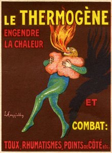Etikett einer Schachtel mit reizendem und auflösendem Wattebausch Le Thermogene, Kompresse zur Linderung von Husten, Erkältungen, Schmerzen und Rheuma - Formel: hydrophile Baumwolle, neue Koccine, Gelborange S, Capsicum-Extrakt. Pharmazeutisches Produkt, h
