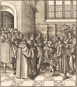 Eine Gesandtschaft vor einem König, neben ihm zwei stehende Frauen