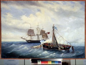 Die Seeschlacht zwischen dem kleinen russischen Schiff Opyt und der britischen Fregatte vor der Insel Nargen (Kaspisches Meer), am 11. Juli 1808 während des anglo-russischen Krieges (1807-1812)